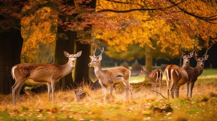 Poster - A herd of deer standing on top of a grass covered field. AI generative image.