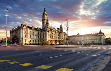 Sticker - Hungary - Dramatic sunset over Gyor town hall with street