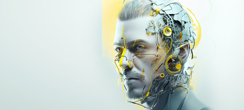 Wall Mural -  - Young mans face with futuristic interface and human brain upgrades with hi-tech implants. Fictitious person made by Generative AI.