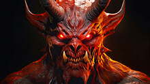Scary Portrait Of Horned Red Demon From Deep Hell. Postproducted Generative AI Illustration.