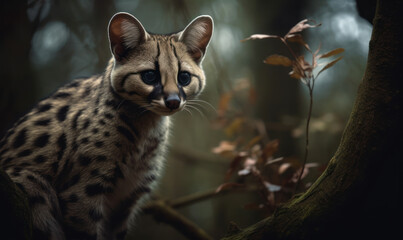 Wall Mural - Photo of genet (mammal) perched atop a tree branch, scanning the surrounding environment with its keen senses. composition perfectly captures the agile and curious nature of the genet. Generative AI