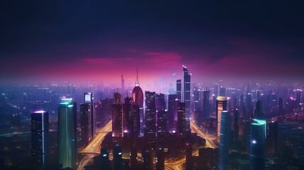 Poster - Panoramic view of modern office buildings and tall skyscrapers.Futuristic illustration of future technologies. Generative AI