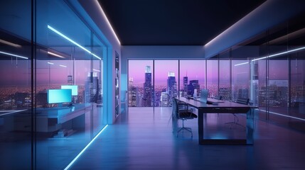 Office room with blank computer display,table,chair,cement floor,glass walls with night city view. Futuristic illustration of future technologies. Generative AI