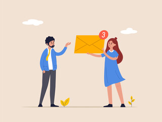 Poster - New message notification, letter in online envelope concept. Inbox mail. E-mail marketing, subscription, communication. Newsletter in mailbox. Workers with a postal envelope in their hands.