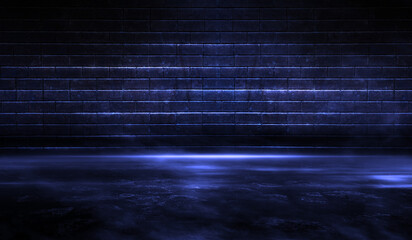 3D Rendering abstract background of an empty blue dark room. Empty walls neon light smoke glow