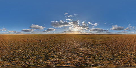 Wall Mural - spherical 360 hdri panorama among farming field with clouds and sun on evening blue sky before sunse