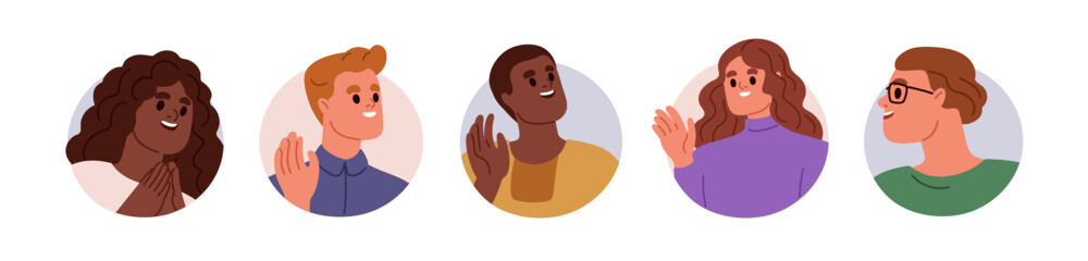 Aufkleber - Happy people, face avatars set. Smiling excited men, women, head portraits. Friendly glad characters waving hand, gesturing hi, greeting. Flat vector illustrations isolated on white background