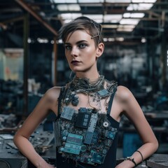 Sticker - A woman standing in a factory with a necklace on her neck. AI generative image.