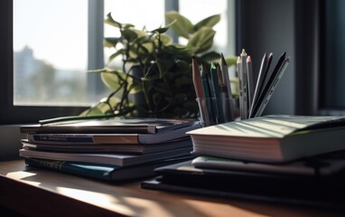 Wall Mural - A stack of books sitting on top of a wooden desk. AI generative image.