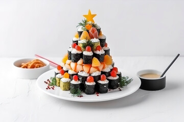 Wall Mural - Funny edible Christmas tree made from sushi, creative idea for japanese restaurant, New Year food background, holiday, celebration, food art concept, generative ai