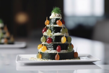 Wall Mural - Funny edible Christmas tree made from sushi, creative idea for japanese restaurant, New Year food background, holiday, celebration, food art concept, generative ai