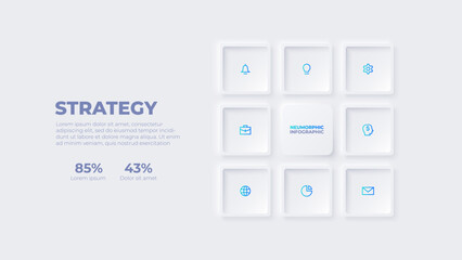 Nine light neumorphic squares. Slide for business presentation. Infographic template