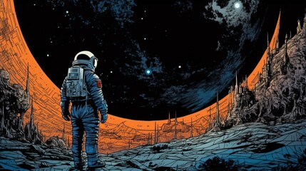 A lone astronaut stands on a desolate planet, staring up at the night sky. Illustration in a comic book style, with bold colors and dramatic lighting. Generative AI