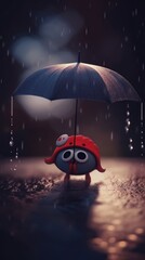 Canvas Print - A small roung cartoon character holding an umbrella in the rain. AI generative image.