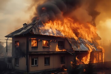 Residential building fire with a solar power installation. Hindrance in putting out the flames. Generative Ai t Generative Ai