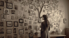 Family Tree Concept, Dna, Genes, Ancestors. A Woman Hangs Old Photographs Of Her Family On The Wall. AI Generated