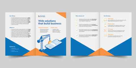 Wall Mural - Web And Mobile App Development bifold brochure template. A clean, modern, and high-quality design bifold brochure vector design. Editable and customize template brochure