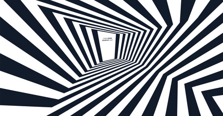 Abstract tunnel perspective. Optic art illustration. Black and white design. Modern long corridor. 3d vector patter for brochure, poster, presentation, flyer or banner.