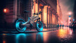 Gut beleuchtetes E-Bike e-mtb in einer Gasse in der Stadt, futuristisch, digital, Generative AI 