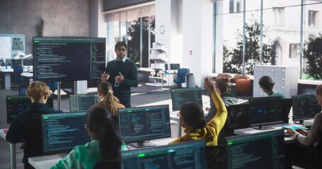 Poster - Lecturer Giving Computer Science Class to Diverse Multiethnic Group of Female and Male Classmates in a College Room. Female Student Asks for a Better Explanation of Software Engineering