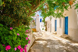 Fototapeta Uliczki - Cosy summer streets of Greek town, white houses, lush foliage