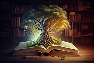 education concept with tree of knowledge planting on opening old big book in library with textbookstack piles of text archive and aisle of bookshelves in school study class room. Generative Ai