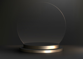 3D realistic modern luxury style gold black cylinder podium platform with transparent glass circle backdrop on dark background
