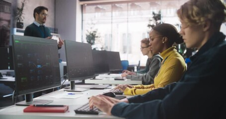 Poster - Young Inspired Black Female Student Studying in College with Diverse Multiethnic Classmates. African Girl Listening to Teacher, Using Computer to Apply Her Knowledge to Acquire New IT Skills in Class