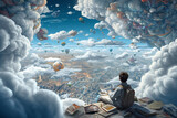 Fototapeta  - a young guy among books and clouds, the world of dreams, reading literature, created by a neural network, Generative AI technology