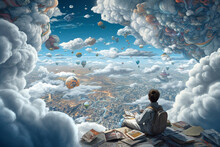 A Young Guy Among Books And Clouds, The World Of Dreams, Reading Literature, Created By A Neural Network, Generative AI Technology