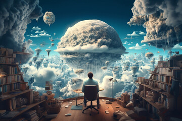 a young guy among books and clouds, the world of dreams, reading literature, created by a neural net