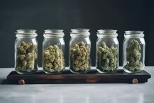 Cannabis Dried Buds In Glass Jars Standing On Gray Stone Tray. CBD CBN Concept. Medicinal Marijuanna