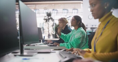 Poster - Young Indian Female Student Studying in University with Diverse Multiethnic Classmates. She Raises Hand and Asks Teacher a Question. Applying Her Knowledge to Acquire Academic Skills in Class