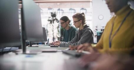 Poster - Smart Young Students Studying in University with Diverse Multiethnic Classmates. Happy Scholars Collaborate on a Software Project. Applying Knowledge to Acquire Academic Skills in Class