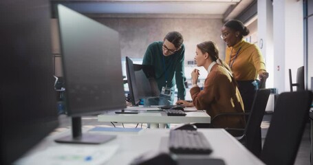 Poster - Diverse Multiethnic Group of Female and Male Students Sitting Together in Infographics Room, Collaborating on a College Project. Young Scholars Talking, Study Software Development or Computer Science