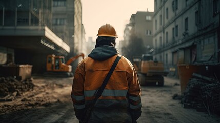 Back view of worker contractor wearing hard hat and safety vest. Worker walks on industrial building construction site. In the background crane, concrete formwork frames. Generative AI