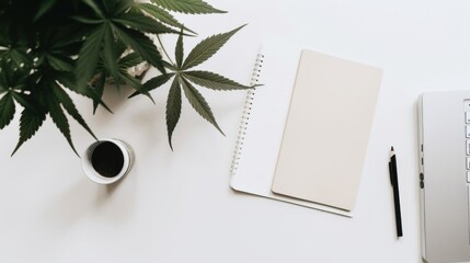 Canvas Print - A laptop computer sitting on top of a desk next to a plant. AI generative image.