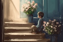 A Young Person Sitting On The Steps Of A House Surrounded By Flowers. A Thoughtful Young Boy. Oil Painting Style Illustration.