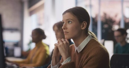 Leinwandbilder - Beautiful Young Female Student Studying in Modern University with Diverse Multiethnic Classmates. College Scholars Work in College Room, Learning IT, Programming or Computer Science