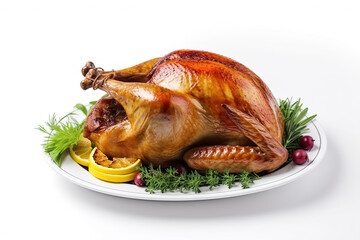 Thanksgiving turkey isolated on white background. AI generative.