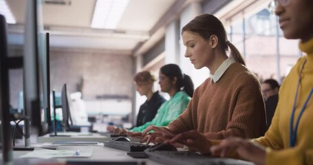 Leinwandbilder - Young Smart Female Student Studying in Modern School with Diverse Multiethnic Classmates. Happy College Scholars Work in College Room, Learning IT, Programming or Computer Science.