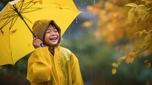 Smiling Boy In A Raincoat Boy Playing In The Rainchild In The Autumn Yellow Tree In The Autumn Rainspring Rain. Generative Ai