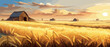 Wheat field sky with clouds. Countryside summer background gold colors grain nature. Health food poster. Barley vector illustration Autumn agriculture landscape banner