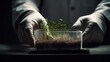 Technologies for growing plants and scientific research in the field of biology and chemistry of nature. Living green sprout in the hands of a farmer. Microgreens, new life concept. Generative AI
