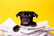 calculating taxes, the dog is shocked by the bills, yellow background, created by a neural network, Generative AI technology