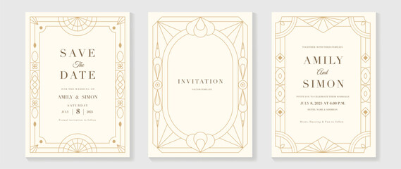 Luxury geometric pattern cover template. Set of art deco poster design with golden line, ornament, shapes, borders. Elegant graphic design perfect for banner, background, wallpaper, invitation.