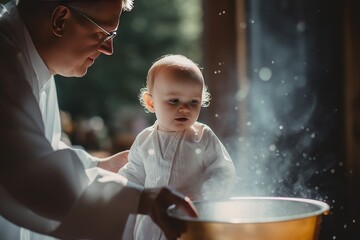 Wall Mural - Baptism of a child in the Church. Newborn baby baptism. christening a catholic event in the church, the union with god, Religious tradition, Christian sacrament grace the laws of God. Generative AI