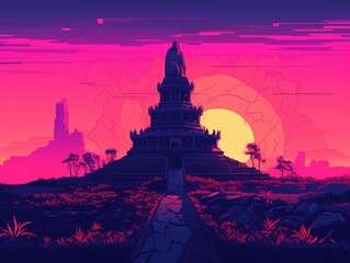 Wall Mural - Vector illustration of a temple in synthwave style. Generative ai