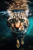 Fototapeta Morze - Portrait of a curious yellow bengal cat diving underwater. Generative AI art.