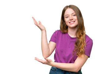 Sticker - Young pretty woman over isolated background extending hands to the side for inviting to come